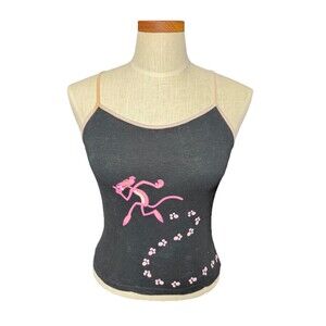 Pink Panther 2002 AOP Graphic Black Tanktop Womens Medium Y2K 2000s Vintage Cat